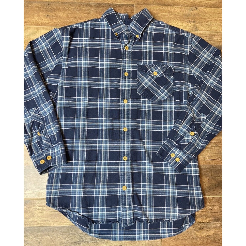 Blue Plaid Flannel Shirt Mens L Blue Button Down Outdoor Cabin Lumberjack